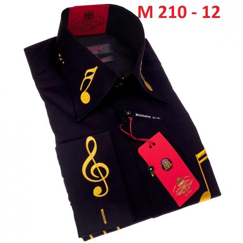 Axxess Black / Gold Music Note Embroidered Cotton Modern Fit French Cuff Shirt M621-32